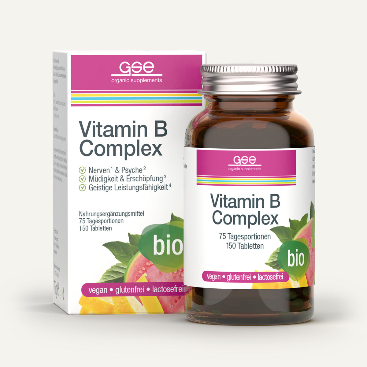 Abgebildet sind eine Flasche und eine Schachtel „gse.organic.supplements Vitamin B Complex (Bio)“. Auf dem Etikett wird hervorgehoben, dass dieses pflanzliche Nahrungsergänzungsmittel vegan, glutenfrei und laktosefrei ist, wobei die enthaltenen essenziellen B-Vitamine deutlich angegeben sind. Der Hintergrund ist weiß.