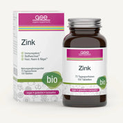 Eine Flasche und eine Schachtel gse.organic.supplements Zink Compact (Bio) mit 150 Tabletten. Auf der Verpackung steht die Unterstützung von Immunsystem, Stoffwechsel, Haut, Haaren und Nägeln. Die Symbole zeigen veganes, glutenfreies und laktosefreies Nahrungsergänzungsmittel an.