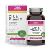 Eine Schachtel und eine Flasche gse.organic.supplements Zink & Vitamin C (Bio) Tabletten mit Bio-Etikett; vegane, glutenfreie und laktosefreie Icons. Die weiße Verpackung mit grünen und magentafarbenen Akzenten unterstützt Ihr Immunsystem auf natürliche Weise.