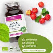 Eine Flasche gse.organic.supplements Zink & Vitamin C (Bio) ist neben Acerola-Kirschen und grünen Blättern abgebildet. Die vegane, glutenfreie und laktosefreie Packung unterstützt das Immunsystem, den Zellschutz und den Stoffwechsel.