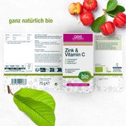 Die Verpackung von gse.organic.supplements Zink & Vitamin C (Bio) ist auf einem weißen Hintergrund mit Guavenblättern und roten Früchten abgebildet. Der Text hebt die Unterstützung des Immunsystems hervor und dass es biologisch, vegan, glutenfrei und laktosefrei ist.