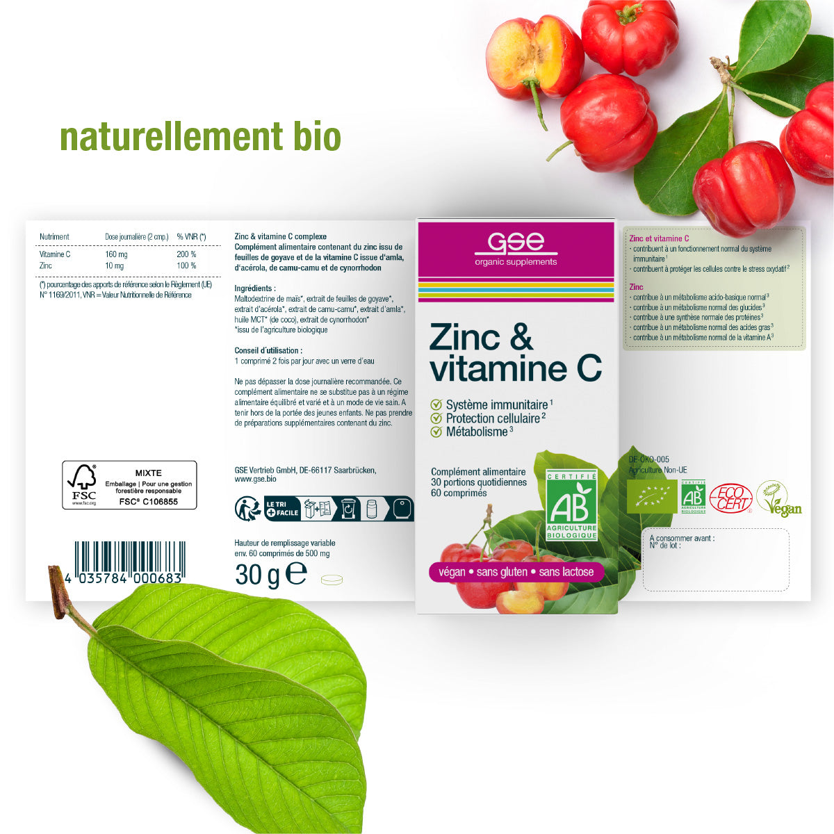Schachtel mit gse.organic.supplements "Zink & Vitamin C (Bio) FR", mit Blättern und roten Beeren. Das französische Etikett weist auf die Zertifizierungen Bio, Vegan, Glutenfrei und "Immunsystem Unterstützung" hin. Grüner Blatthintergrund, "naturellement bio".