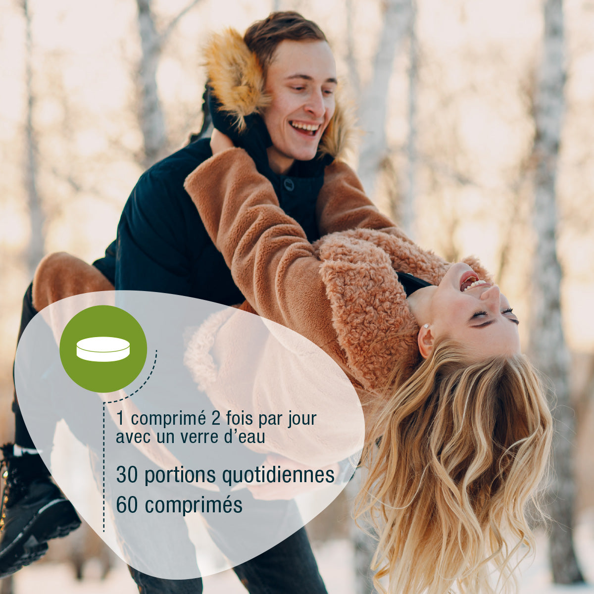 Ein lächelndes Paar spielt im Schnee; der Mann hebt die lachende Frau hoch. Französisch Text gibt Zink & Vitamin C (Bio) FR Ergänzung Richtungen: 1 Tablette zweimal täglich mit Wasser, 30 Portionen, 60 Tabletten. Pillen-Symbol neben Immunsystem Unterstützung. Marke: gse.organic.supplements.