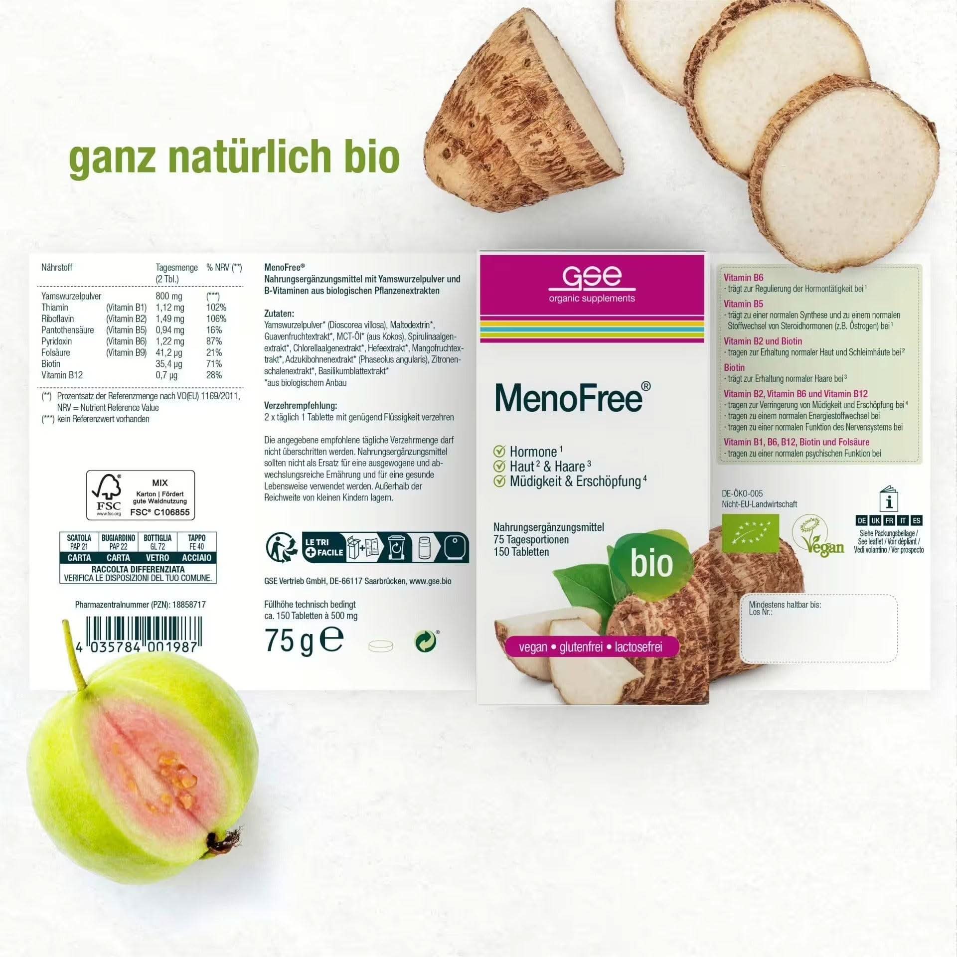 Eine Packung gse.organic.supplements MenoFree (Bio) liegt auf weißem Hintergrund mit geschnittenem Wurzelgemüse und einer grün-gelben Frucht. Die grün akzentuierte Verpackung hebt B-Vitamine für den Hormon- und Energiestoffwechsel in den Wechseljahren hervor.