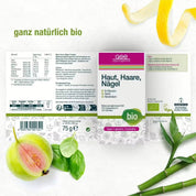 Produktetikett für gse.organic.supplements Haut, Haare, Nägel Complex (Bio) mit Bambus-Silica, B-Vitaminen aus Guaven- & Basilikumextrakt, Zutaten, Nährwertangaben, grünen Blättern, Bambus, Zitronenschale & Pfirsich. „Ganz natürlich bio“ auf weißem Hintergrund.