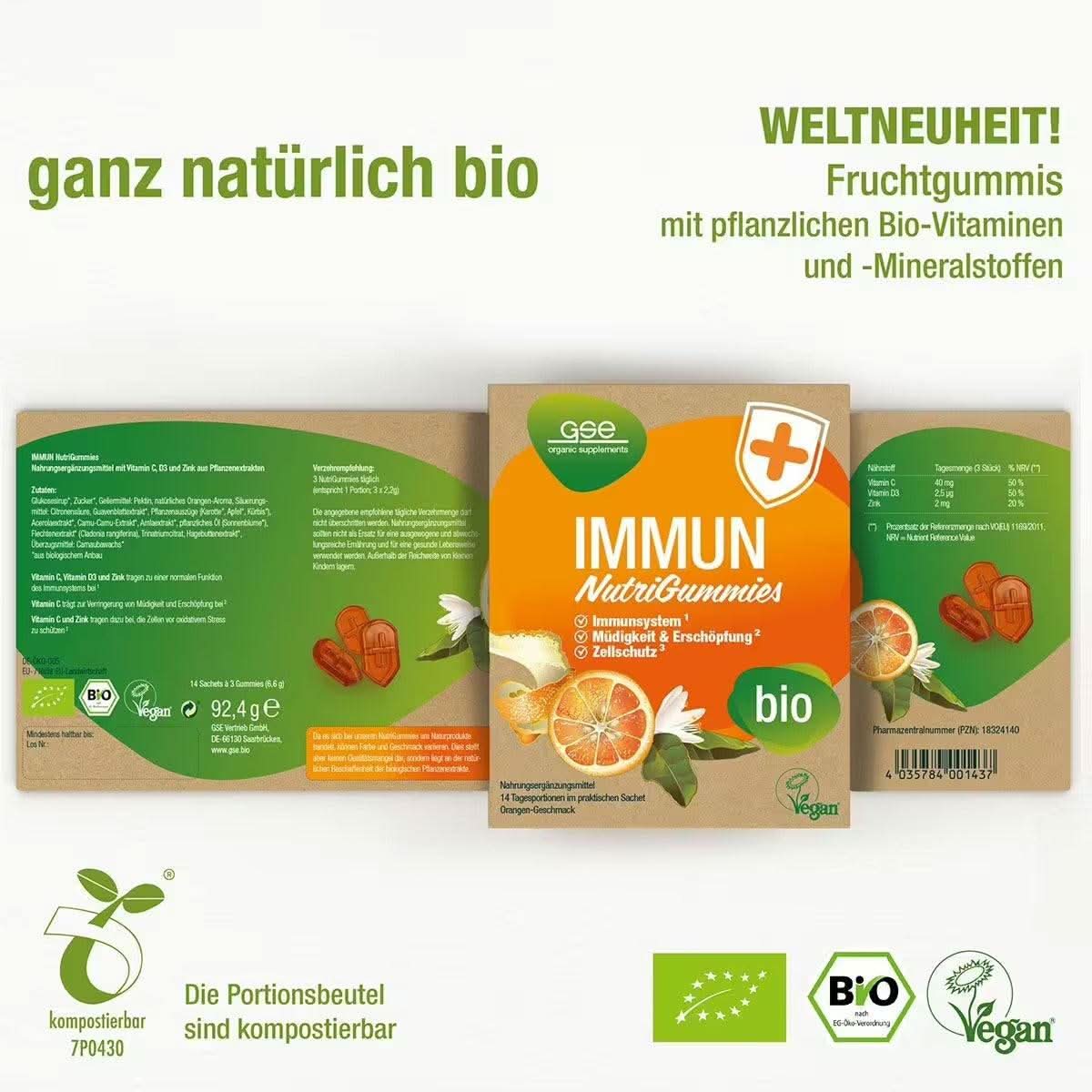 Die Immun NutriGummies (Bio) von gse.organic.supplements kommen in einer grün-orangen, kompostierbaren Verpackung und enthalten vegane Fruchtgummis mit Orangen und Sanddorn sowie Tabletten. Auf dem Etikett wird auf Bio-Zutaten, Vitamin C und die Unterstützung des Immunsystems hingewiesen.