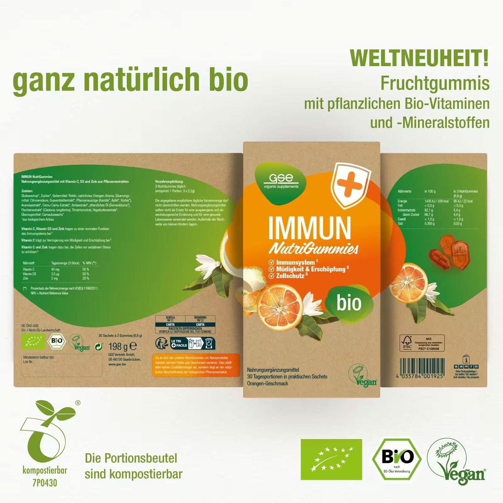 Die Verpackung der Immun NutriGummies (Bio) von gse.organic.supplements zeigt Orangenscheiben und grüne Blätter mit Text zu pflanzlichem Vitamin C, Zink, kompostierbarer Verpackung sowie veganen und Bio-Zertifizierungen.