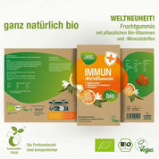Die Verpackung der Immun NutriGummies (Bio) von gse.organic.supplements zeigt Orangenscheiben und grüne Blätter mit Text zu pflanzlichem Vitamin C, Zink, kompostierbarer Verpackung sowie veganen und Bio-Zertifizierungen.