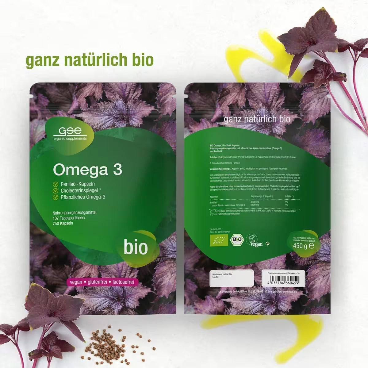 Zwei Flaschen Omega-3-Perillaöl-Kapseln (Bio) von gse.organic.supplements stehen auf einem violetten Blatthintergrund und weisen grüne Etiketten auf, die Alpha-Linolensäure (ALA) für einen pflanzlichen Lebensstil hervorheben, umgeben von braunen Samen und violetten Blättern.