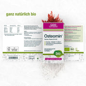 Eine Packung Osteomin® (Bio) von gse.organic.supplements ist auf weißem Hintergrund abgebildet und trägt die Etiketten für Kalzium, Magnesium, Vitamin D3 & K2, Bio, vegan, glutenfrei und laktosefrei. Oben ist Rotalgen zu sehen.