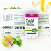 Die Verpackung des gse.organic.supplements Vitamin B Complex (Bio) enthält Abbildungen von Früchten und Blättern sowie den grünen Text „ganz natürlich bio“ und bewirbt das Produkt als veganes, gluten- und laktosefreies pflanzliches Nahrungsergänzungsmittel.