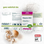 Eine Schachtel Vitamin B12 Compact (Bio) Tabletten von gse.organic.supplements mit deutschen Produktdetails, Bio- und Vegan-Etiketten steht neben Champignons und Pulver. In der unteren rechten Ecke ist ein ÖKO-TEST-Siegel zu sehen.