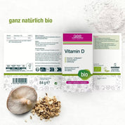 Eine Packung gse.organic.supplements Vitamin D Compact (Bio) mit deutschem Text, abgebildet mit Nahrungsergänzungsmittelpulver und Pilzen. Die Etiketten betonen die Bio-Qualität – vegan, glutenfrei und laktosefrei.