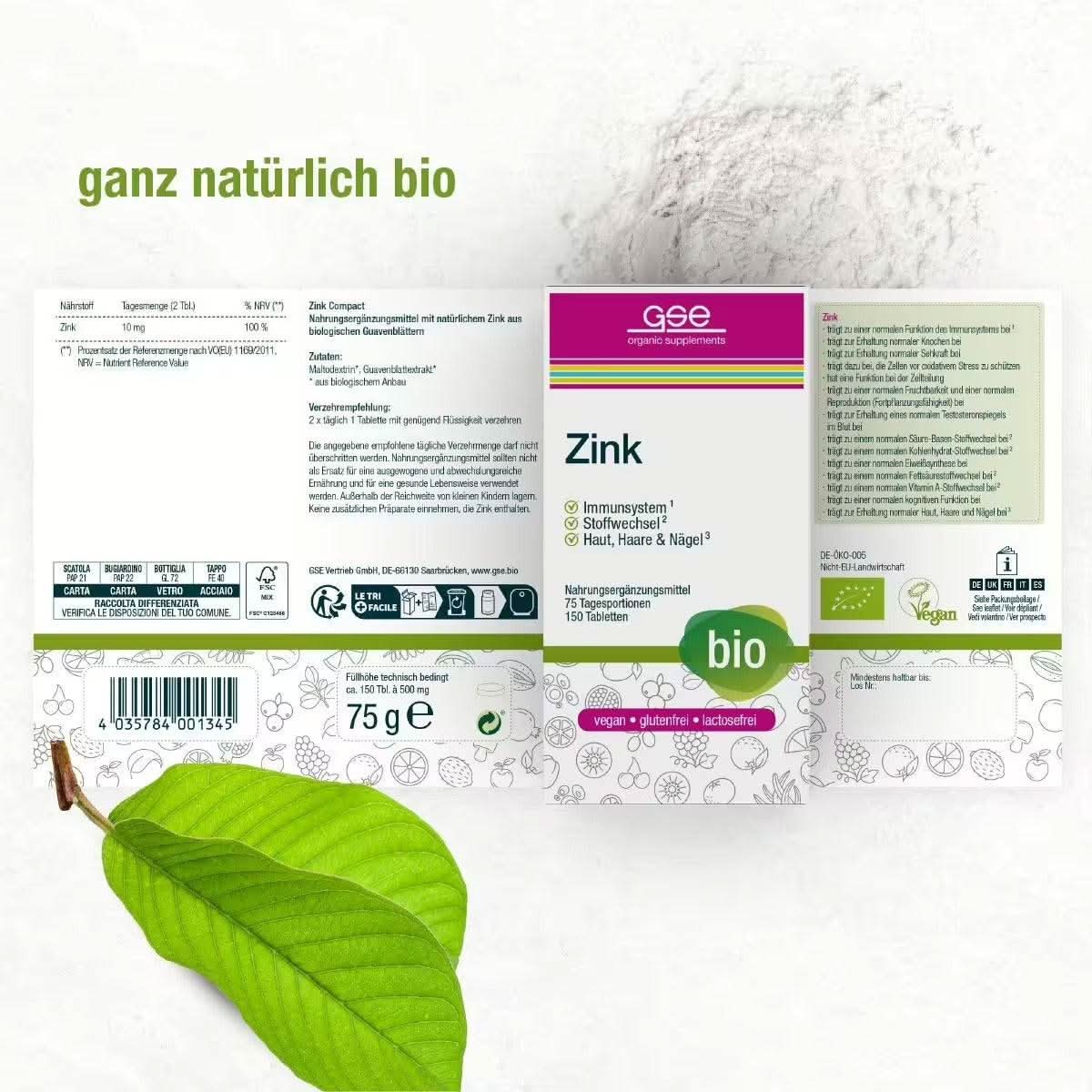 Die Produktverpackung für Zink Compact (Bio) von gse.organic.supplements ist überwiegend weiß mit grünem Text und zeigt Nährwertangaben sowie vegane/glutenfreie Symbole – ideal zur Unterstützung des Immunsystems. Unten links ziert ein grünes Blatt den Akzent.