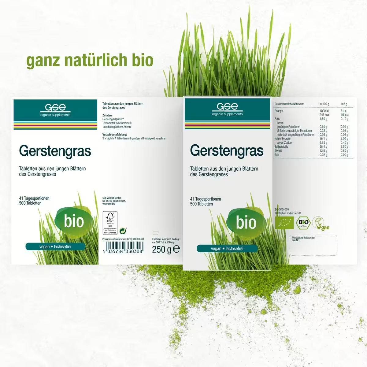 Eine Packung gse.organic.supplements Gerstengras Tabletten (Bio) mit grünem Gerstengras und Pulver ist abgebildet. Die bio-zertifizierte Verpackung ist vegan und laktosefrei gekennzeichnet und enthält deutsche Zutaten- und Nährwertangaben.