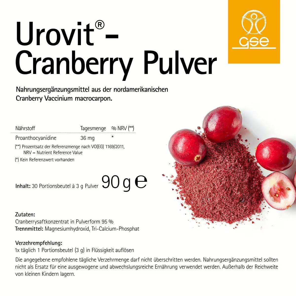 Produktetikett für Urovit®-Cranberry Pulver von gse.organic.supplements, ein Nahrungsergänzungsmittel mit Cranberry und proanthocyanidinreichem Pulver. Das deutsche Etikett enthält Zutaten, Nährwertangaben, Anwendung und ein gelbes Logo oben rechts.