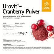 Produktetikett für Urovit®-Cranberry Pulver von gse.organic.supplements, ein Nahrungsergänzungsmittel mit Cranberry und proanthocyanidinreichem Pulver. Das deutsche Etikett enthält Zutaten, Nährwertangaben, Anwendung und ein gelbes Logo oben rechts.