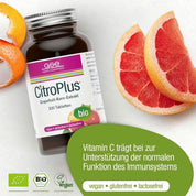 Eine Flasche CitroPlus® Tabletten (Bio) von gse.organic.supplements steht neben geschnittener Grapefruit. Das Etikett enthält Bioflavonoide und Vitamin C zur Unterstützung des Immunsystems, einen deutschen Text und Symbole, die darauf hinweisen, dass das Produkt vegan, gluten- und laktosefrei ist.