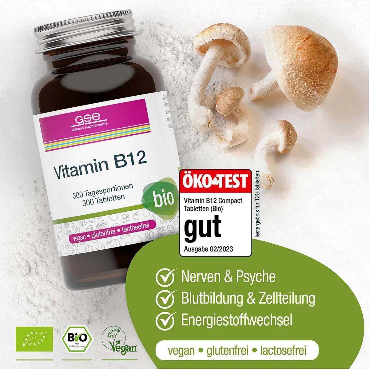 Eine Flasche Vitamin B12 Compact (Bio) von gse.organic.supplements ist neben Shiitake-Pilzen abgebildet. Das Produkt ist vegan, gluten- und laktosefrei und wurde von ÖKO-TEST mit „gut“ bewertet. Symbole heben die positive Wirkung auf Nerven, Zellen und Energie hervor.
