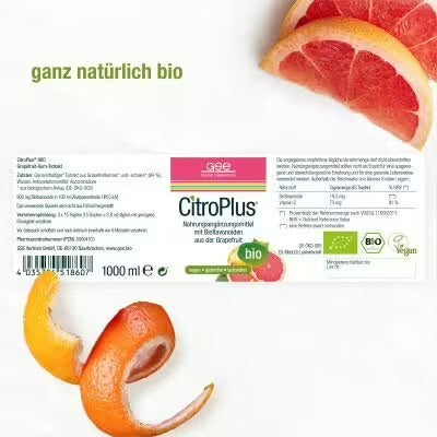 Das Etikett für CitroPlus® 800 (Bio) von gse.organic.supplements zeigt Grapefruitscheiben und -schale, Bio-, Vegan- und Bio-Zertifizierungslogos, deutschen Text und einen weißen Hintergrund. Das Produkt ist ein pflanzlicher Grapefruitextrakt, reich an Bioflavonoiden.