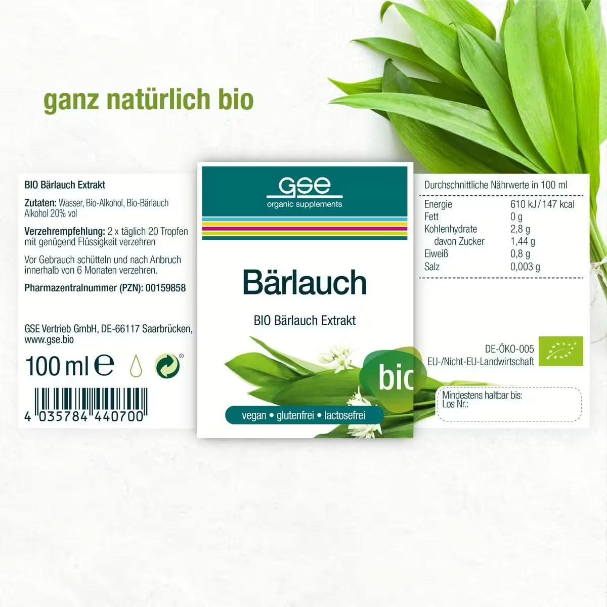 Der Bärlauch-Extrakt (Bio) von gse.organic.supplements verfügt über ein grün-weißes Etikett mit Bärlauchblättern, Nährwertangaben, Dosierungsrichtlinien und Zertifizierungen wie vegan, glutenfrei und ideal für Entschlackungskuren.