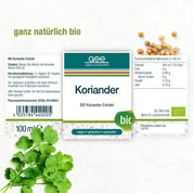 Das Etikett für Koriander-Extrakt (Bio) von gse.organic.supplements: Bio-Korianderextrakt, ideal zur Entschlackung, mit Nährwerten, aus Pflanze und Samen, vegan sowie gluten- und laktosefrei.