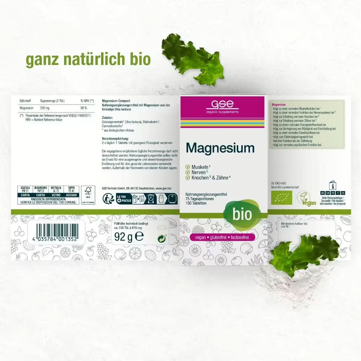 Die gse.organic.supplements Magnesium (Bio)-Box mit der Aufschrift „ganz natürlich bio“ zeigt ein grünes biozertifiziertes Abzeichen, vegane und glutenfreie Symbole, Blattgemüse und hebt die Vorteile von Muskeln und Knochen auf Deutsch hervor.