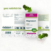 Die gse.organic.supplements Magnesium (Bio)-Box mit der Aufschrift „ganz natürlich bio“ zeigt ein grünes biozertifiziertes Abzeichen, vegane und glutenfreie Symbole, Blattgemüse und hebt die Vorteile von Muskeln und Knochen auf Deutsch hervor.