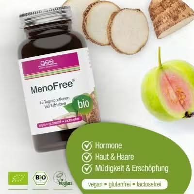 Eine Flasche MenoFree (Bio) von gse.organic.supplements mit den Aufschriften „vegan“, „glutenfrei“ und „laktosefrei“ steht neben geschnittenem Wurzelgemüse und einer Feige. Grüne Symbole zeigen die Vorteile für Hormon- und Energiestoffwechsel, Haut und Haare sowie Müdigkeit in den Wechseljahren an.
