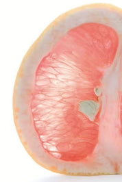 Nahaufnahme einer saftigen Grapefruithälfte, Quelle der Flavonoide in CitroPlus® Grapefruitkern-Extrakt 600 von gse.organic.supplements, mit durchscheinenden Segmenten und hellgelber Schale vor weißem Hintergrund.