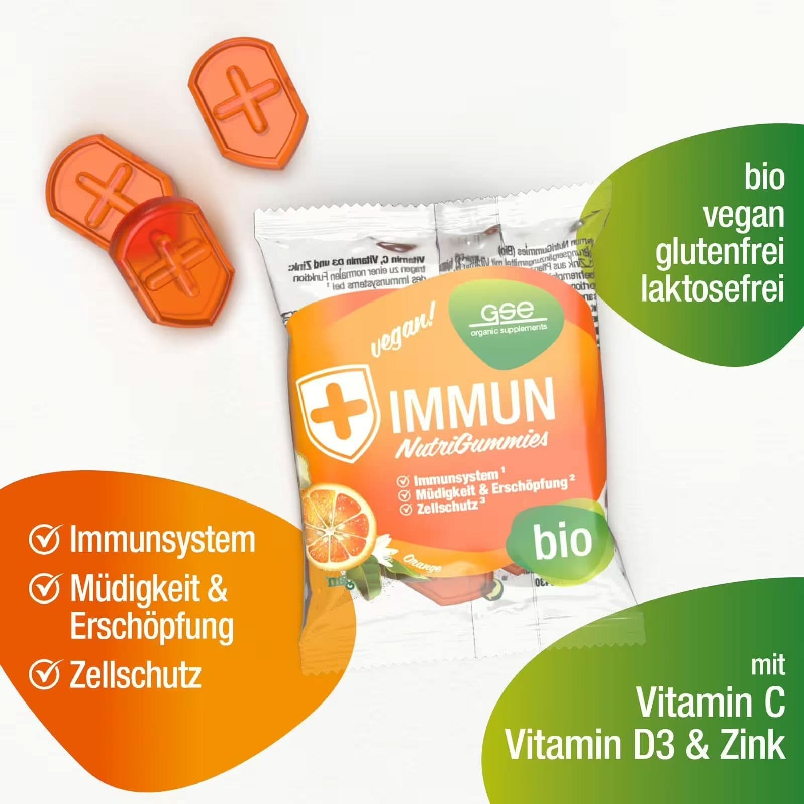 Eine Packung Immun NutriGummies (Bio) von gse.organic.supplements enthält drei orangefarbene Gummibärchen. Besonders hervorzuheben ist, dass sie biologisch, glutenfrei und laktosefrei sind und Vitamin C, D3 und Zink zur Unterstützung des Immunsystems enthalten.