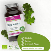 Eine Flasche gse.organic.supplements Magnesium (Bio) ist mit grünen Blättern abgebildet. Auf dem Etikett steht „biozertifiziert“, „vegan“, „glutenfrei“, „laktosefrei“. Vorteile: Muskeln und Knochen, Nerven, Zähne. Grüne Zertifizierung und vegane Symbole sind sichtbar.