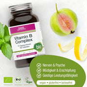 Eine Flasche Vitamin B-Komplex (Bio) von gse.organic.supplements steht neben einer Feige, einem Basilikumblatt und einer Zitronenschale. Symbole zeigen, dass das Produkt vegan, glutenfrei, laktosefrei und als pflanzliches Nahrungsergänzungsmittel die geistige Leistungsfähigkeit unterstützt.