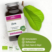 Eine Flasche Zink Compact (Bio) von gse.organic.supplements steht neben einem grünen Blatt auf weißem Untergrund. Das vegane, gluten- und laktosefreie Nahrungsergänzungsmittel unterstützt Immunsystem, Stoffwechsel, Haut, Haare und Nägel.