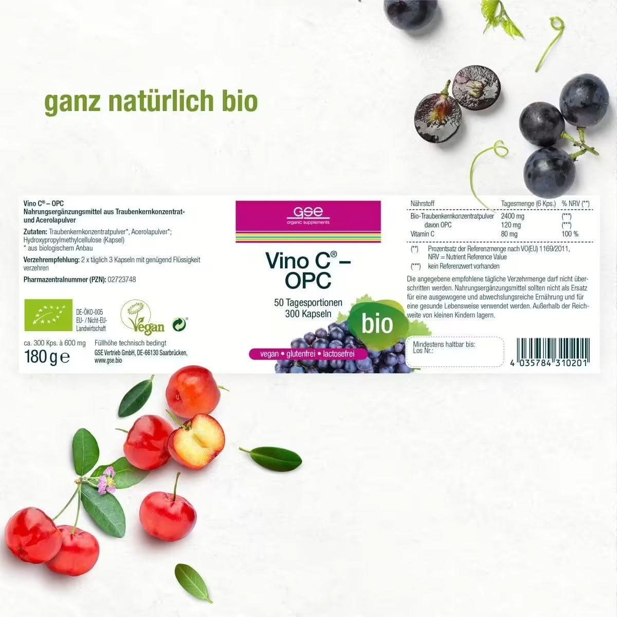 Das Etikett für Vino C® - OPC (Bio) von gse.organic.supplements zeigt Kirschen, Trauben und grüne Blätter auf weißem Grund. Grüner Text sagt „ganz natürlich bio“. Enthält OPC-Traubenkernkonzentrat und Acerolapulver.