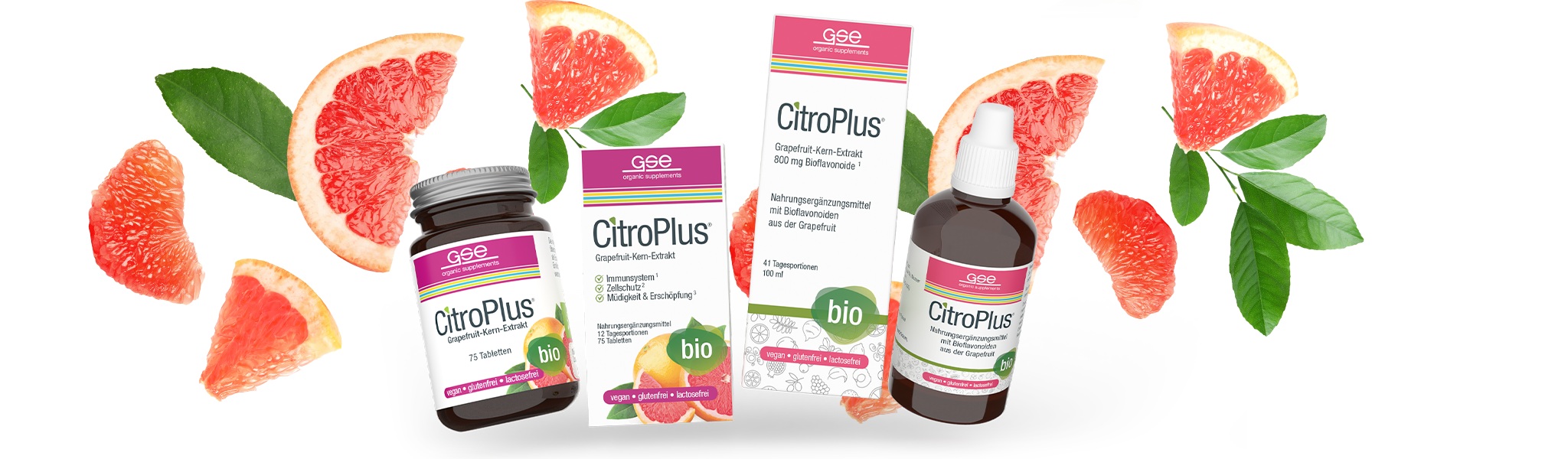 Vier CitroPlus-Nahrungsergänzungsmittel mit Grapefruitscheiben und grünen Blättern im Hintergrund. Die Verpackung ist mit rosa und grünen Akzenten und Bio-Etiketten versehen.