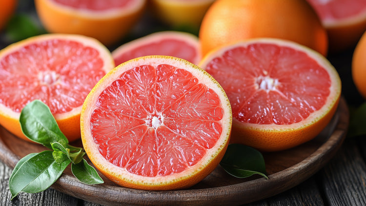 Nahaufnahme mehrerer halbierter Grapefruits auf einem Holzteller. Das leuchtend rosa Fruchtfleisch ist zu sehen. Zur Dekoration sind auf dem Teller außerdem grüne Blätter verteilt.