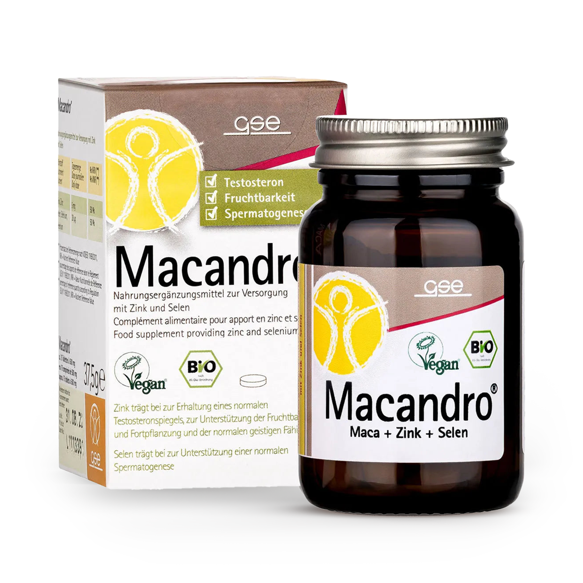 Eine braune Glasflasche und eine Schachtel mit der Aufschrift „Macandro® (Bio)“ von gse.organic.supplements, mit veganen und BIO-Logos, gelben Akzenten und deutschem Text mit Angaben zu Maca, Zink und Selen für Fruchtbarkeit, Testosteronspiegel und Spermatogenese.