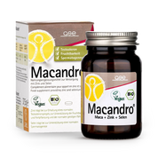 Eine braune Glasflasche und eine Schachtel mit der Aufschrift „Macandro® (Bio)“ von gse.organic.supplements, mit veganen und BIO-Logos, gelben Akzenten und deutschem Text mit Angaben zu Maca, Zink und Selen für Fruchtbarkeit, Testosteronspiegel und Spermatogenese.