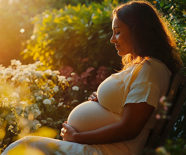 Eine schwangere Frau in einem leichten Kleid sitzt friedlich auf einer Bank in einem sonnenbeschienenen Garten, wiegt sanft ihren Bauch und lächelt sanft, während warmes Sonnenlicht sie und die umliegenden Blumen erhellt.
