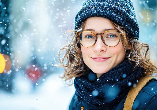 Eine junge Frau mit lockigem Haar, Brille und Strickmütze lächelt draußen, während um sie herum Schnee fällt. Sie trägt einen Schal und einen Wintermantel vor einem verschwommenen Schneehintergrund.